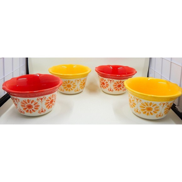 Pioneer Woman Floral Bursts Daisy Ramekins Yellow Orange Set of 4 - Picture 5 of 10